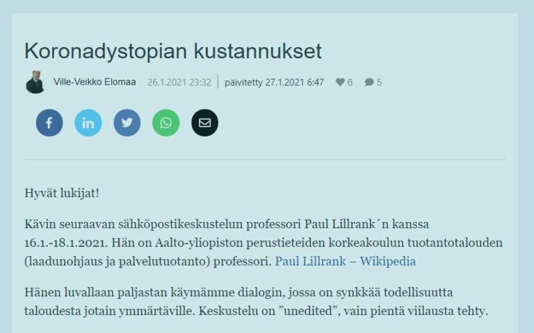 Koronadystopian kustannukset - Ville-Veikko Elomaa ja Paul Lillrank.