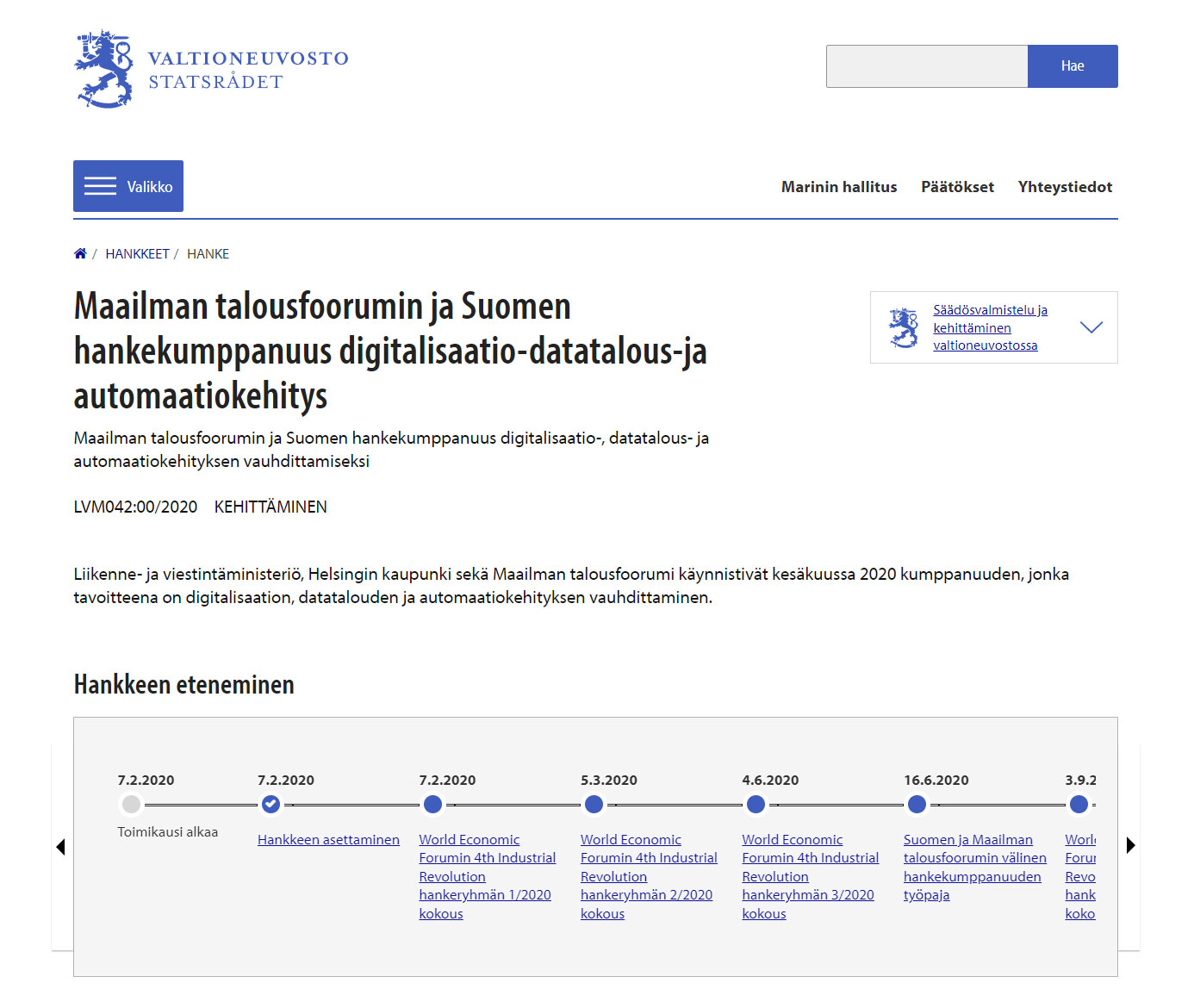 Maailman talousfoorumin ja Suomen hankekumppanuus digitalisaatio-datatalous- ja automaatiokehitys.